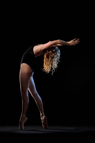 Slim Ballet Dancer Motion Black Studio Background — Stock Photo, Image