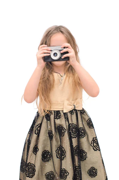 Kız Retro Kameranın Şenlikli Elbise Fotoğraflarla — Stok fotoğraf
