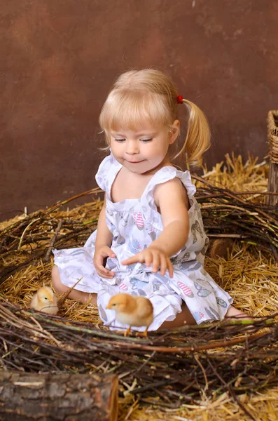 Blond Meisje Met Kippen Schuur Een Nest Het Katholieke Pasen — Stockfoto