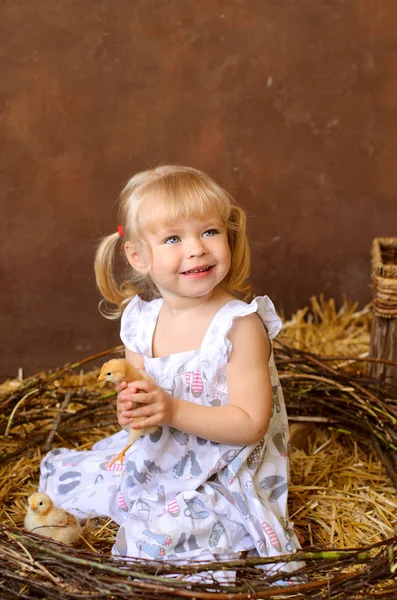 Blond Meisje Met Kippen Schuur Een Nest Het Katholieke Pasen — Stockfoto