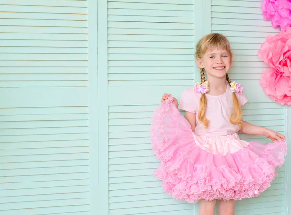 Beautiful Girl Pigtails Wearing Skirt Tutu Light Green Wall — Stock Photo, Image