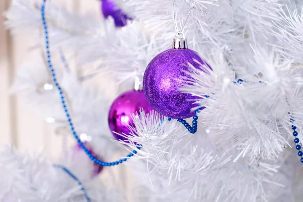 Purple Decorative Balls White Christmas Tree — Stock Photo, Image