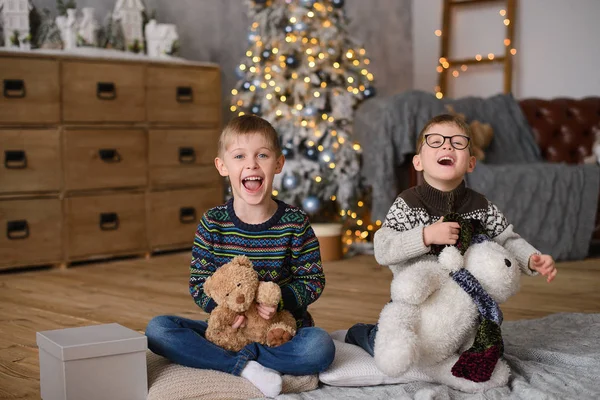 two happy brothers in sweaters, sitting on wooden floor, in room with  Christmas tree, plaing to toy bear