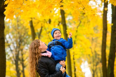 Annesi ve oğlu, sonbahar parkında sarı yapraklı akçaağaç ağaçlarının arasında yürüyor.