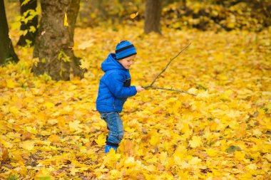 Şapkalı, ceketli, lastik çizmeli bir çocuk, sonbahar parkında duruyor, akçaağaç yapraklarının arasında, ve dalgalar yapışır