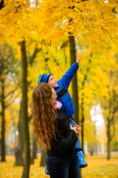 Mamma Med Son Famnen Går Höstparken Bland Lönnträd Med Gult — Stockfoto