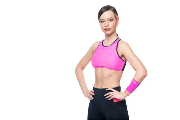Fitness woman portrait isolated on white background. Smiling happy female fitness model looking at camera. Fresh beautiful multi-racial Caucasian Asian fitness girl. pink top. — Stock Photo, Image