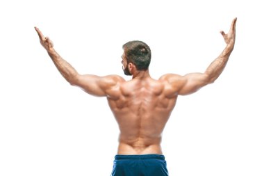 vücut geliştirmeci poz. Güzel sportif adam erkek güç. Fitness mavi şort kaslı. izole beyaz arka plan üzerinde. Kas gövde olan adam. Güçlü atletik erkek Fitness modeli gövde gösteren altı bohça abs