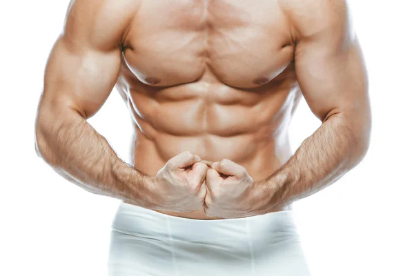 Bodybuilder posiert. schöner sportlicher Kerl mit männlicher Power. Fitness muskulöser Mann in weißen Dessous. auf isoliertem weißem Hintergrund. — Stockfoto