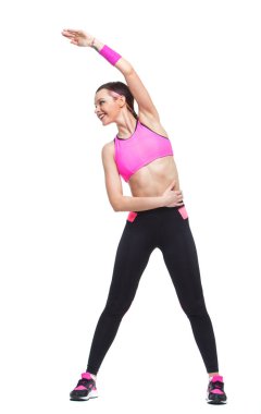 bir kadın izole studio beyaz arka plan üzerinde egzersiz fitness aerobik egzersiz egzersiz. germe.