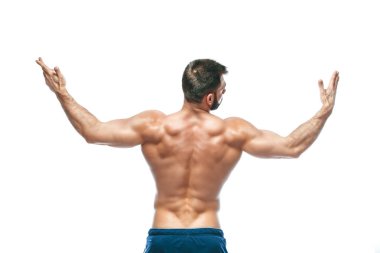 vücut geliştirmeci poz. Güzel sportif adam erkek güç. Fitness mavi şort kaslı. izole beyaz arka plan üzerinde. Kas gövde olan adam. Güçlü atletik erkek Fitness modeli gövde gösteren altı bohça abs