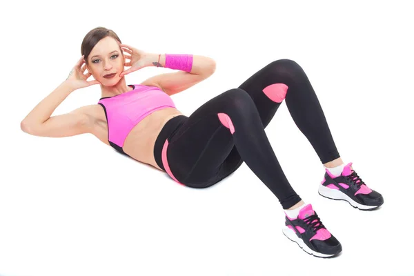 One woman exercising workout fitness aerobic exercise abdominal push ups posture on studio isolated white background. — Stock Photo, Image