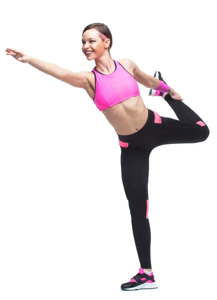 Een vrouw uitoefening workout fitness aërobe oefening op studio geïsoleerd witte achtergrond. uitrekken. — Stockfoto