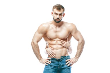 vücut geliştirmeci poz. Güzel sportif adam erkek güç. Fitness mus