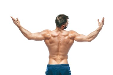 vücut geliştirmeci poz. Güzel sportif adam erkek güç. Fitness mavi şort kaslı. izole beyaz arka plan üzerinde. Kas gövde olan adam. Güçlü atletik erkek Fitness modeli gövde gösteren altı bohça abs