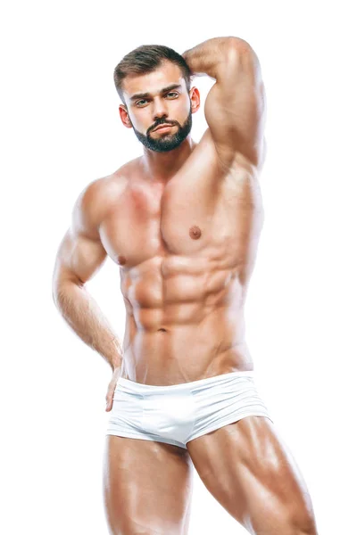 Kulturista lodě. Krásné sportovní chlap mužská síla. Fitness svalnaté manin bílé prádlo. na izolované na bílém pozadí. ABS — Stock fotografie