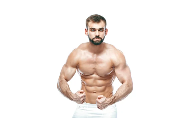 Bodybuilder posing. Beautiful sporty guy male power. Fitness muscled manin white lingerie. on isolated white background. — Stock Photo, Image