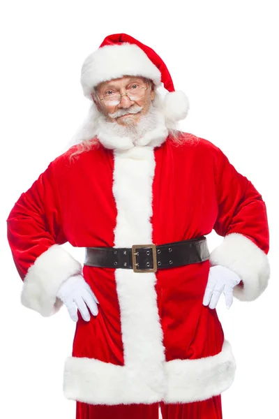 Christmas. Santa Claus put his hands on his belt. Isolated on white background. — Stock Photo, Image