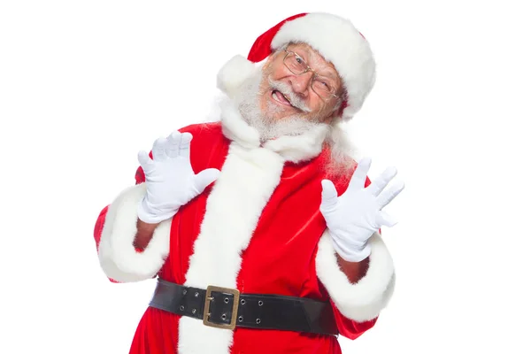 クリスマス。白い手袋で良いサンタ クロースの顔を示していますしかめっ面、彼の舌を示しています。ない標準的な動作です。白い背景に分離. — ストック写真