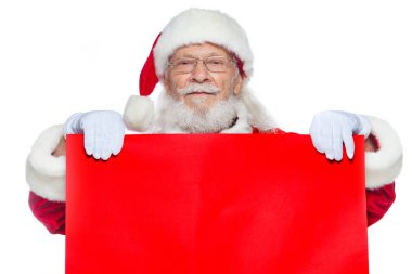 Noel. Noel Baba gibi beyaz eldiven yerde boş bir karton kırmızı renk tutar. Reklam, metin için boş alanı için yer. Kopyala-Yapıştır. Beyaz arka plan üzerinde izole.