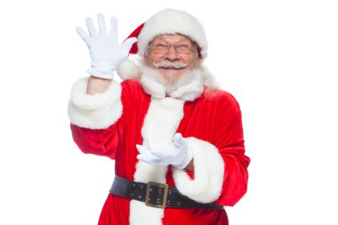 Noel. Yüzler, beyaz eldiven iyi Noel Baba'ya gösterir palyaçoluk, dilini gösterir. Standart davranış. Beyaz arka plan üzerinde izole.