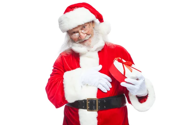 Christmas Smiling Santa Claus White Gloves Holds Red White Heart — Stock Photo, Image