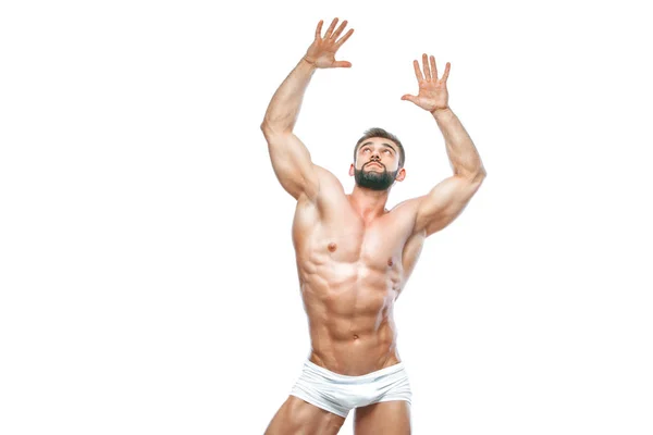 Fisiculturista posando. Bonito desportista poder masculino. Fitness muscled manin lingerie branca. sobre fundo branco isolado . — Fotografia de Stock