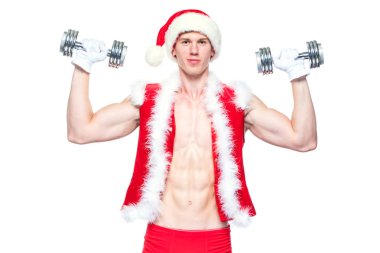 Tatiller ve kutlamalar, yeni yıl, yılbaşı, spor, vücut geliştirme, sağlıklı yaşam - kas yakışıklı Noel Baba. beyaz bir arka plan üzerinde dumbbells ile. Beyaz arka plan üzerinde izole.