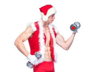 Tatiller ve kutlamalar, yeni yıl, yılbaşı, spor, vücut geliştirme, sağlıklı yaşam - kas yakışıklı Noel Baba. beyaz bir arka plan üzerinde dumbbells ile. Beyaz arka plan üzerinde izole.
