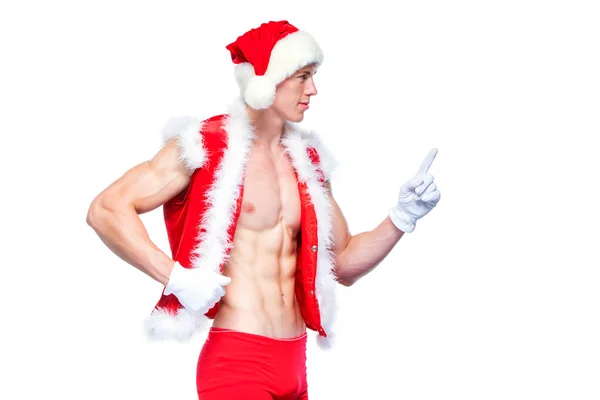 Sexy Santa Claus Pointing White Blank Sign Young Muscular Man — Stock Photo, Image