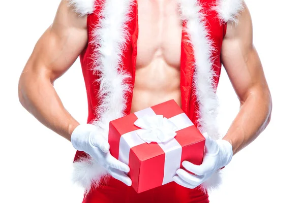 Santa Claus. Fitness Santa Claus aislado sobre fondo blanco. Sexy fitness santa claus. Muscular Santa Claus con cajas de regalo —  Fotos de Stock