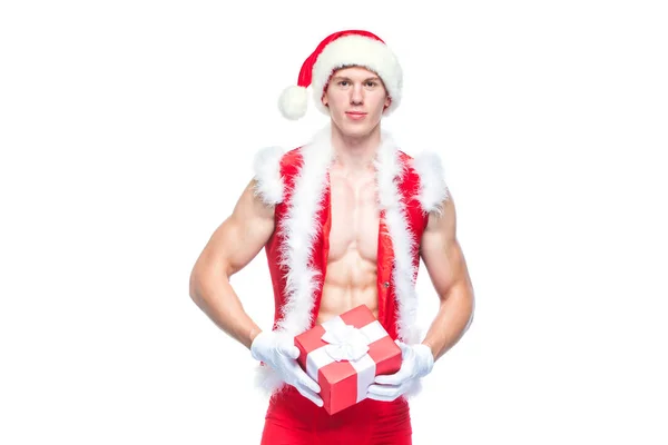 Pai Natal. Fitness Papai Noel isolado no fundo branco. Aptidão sexy Papai Noel. Papai Noel muscular com caixas de presente — Fotografia de Stock