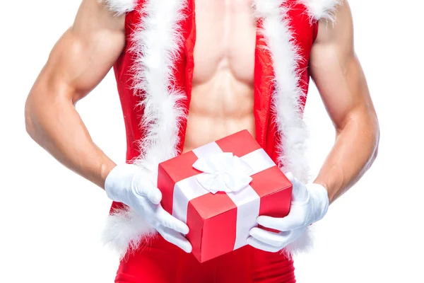 Santa Claus. Fitness Santa Claus aislado sobre fondo blanco. Sexy fitness santa claus. Muscular Santa Claus con cajas de regalo —  Fotos de Stock