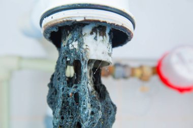 Tıkanmış Lavabo boru. Bir drenaj kıllar ve diğer şeyler unclog. Banyodaki lavabonun altında drenaj su için hidrolik tuzak kontrol. Hidrolik sorunları, sızdıran musluk ile ilgili eserler.