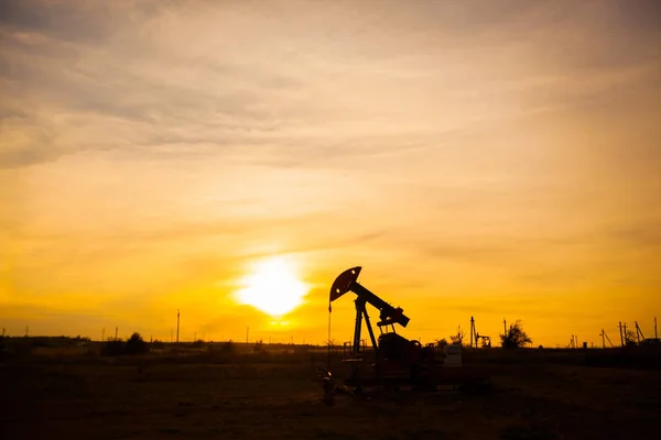 À noite, o contorno da bomba de óleo. A bomba de óleo, equipamento industrial. Local do campo de petróleo, bombas de óleo estão funcionando. Máquinas de baloiçar para a produção de petróleo num sector privado . — Fotografia de Stock