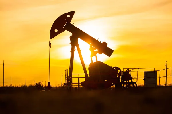 À noite, o contorno da bomba de óleo. A bomba de óleo, equipamento industrial. Local do campo de petróleo, bombas de óleo estão funcionando. Máquinas de baloiçar para a produção de petróleo num sector privado . — Fotografia de Stock