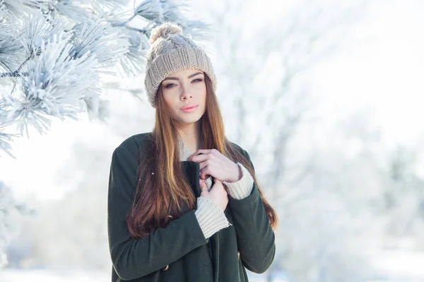 Όμορφο χειμώνα πορτραίτο νεαρής γυναίκας στο χιονισμένο τοπίο — Φωτογραφία Αρχείου