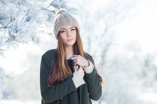 Piękne zimowe portret młodej kobiety w snowy dekoracje — Zdjęcie stockowe