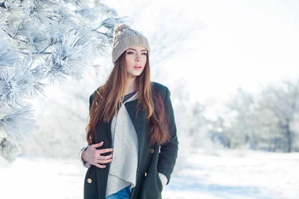 Prachtig Winter Portret Van Jonge Vrouw Winter Besneeuwde Landschap — Stockfoto