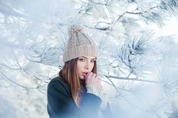 Όμορφο χειμώνα πορτραίτο νεαρής γυναίκας στο χιονισμένο τοπίο — Φωτογραφία Αρχείου