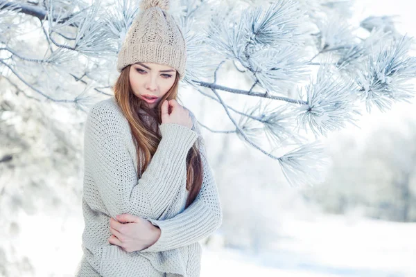 Hermoso retrato de invierno de mujer joven en el paisaje nevado — Foto de Stock