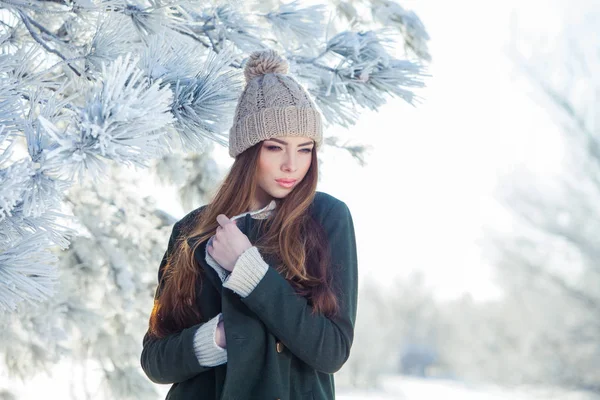 Mooie winter portret van een jonge vrouw in het besneeuwde landschap — Stockfoto