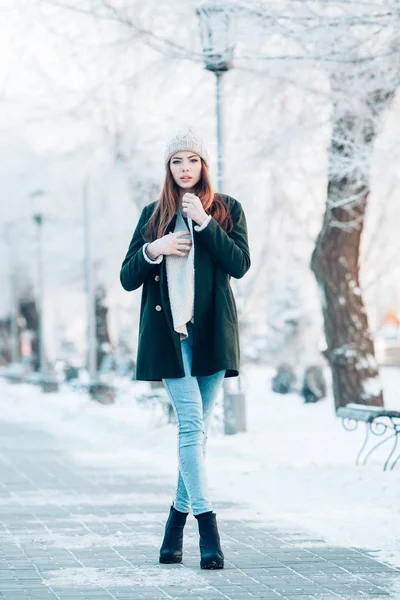 Beau portrait hivernal de jeune femme dans les paysages enneigés — Photo
