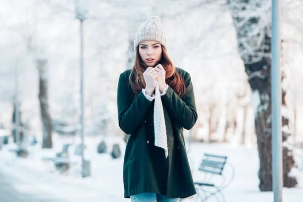 Vackra vinter porträtt av ung kvinna i den snöiga landskapet — Stockfoto