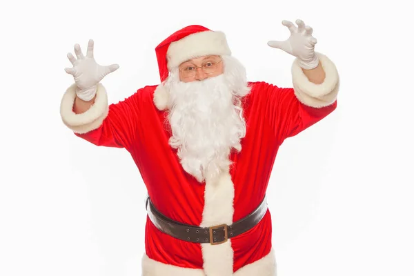 Shocked Santa Claus raising his hands scares, isolated on white — Stock Photo, Image