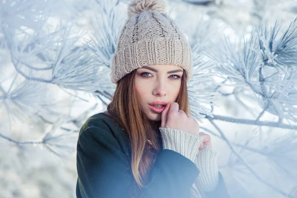 Mooie winter portret van een jonge vrouw in het besneeuwde landschap — Stockfoto