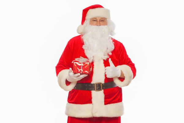 Santa Claus: Cheerful With Small Stack Of Gifts big bag, isolate — Stock Photo, Image