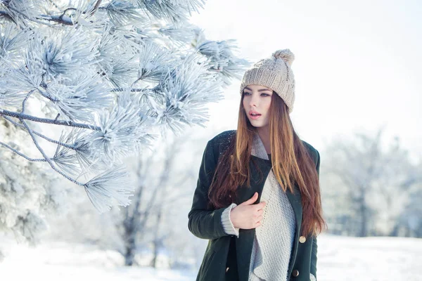 Hermoso retrato de invierno de mujer joven en el paisaje nevado — Foto de Stock