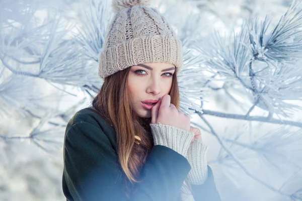 Mooie winter portret van een jonge vrouw in het besneeuwde landschap — Stockfoto