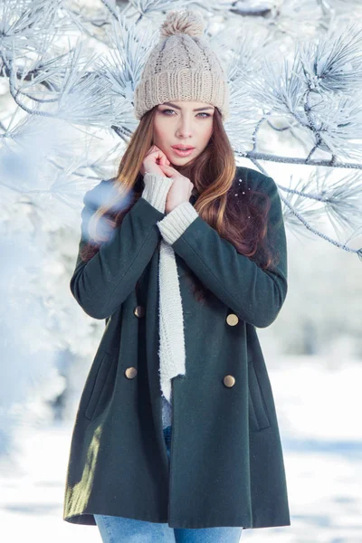 아름 다운 겨울 눈 풍경에 젊은 여자의 초상화 — 스톡 사진
